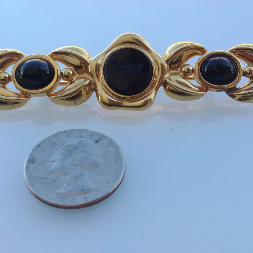 Fendi Brooch Victorian Revival Bar Rhodium Gold Intaglio Logo + Onyx Cabochons